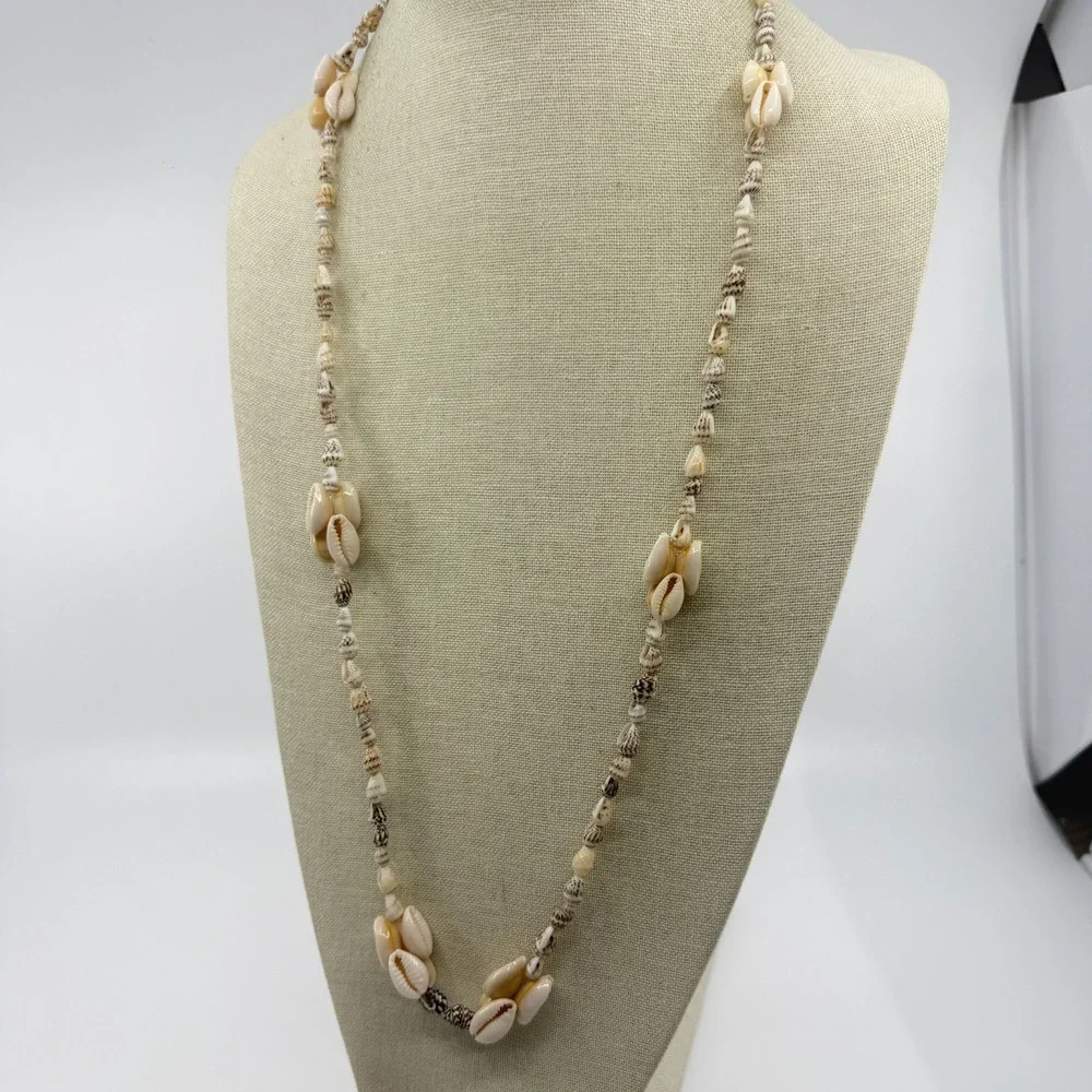 Cream Brown Cowrie Seashell Long Necklace Coastal Boho Beach Statement Gift
